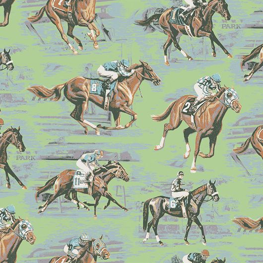 Флизелиновые обои для мальчиков  с крупным узором  бегущих на скачках лошадей на светло зеленом фоне в детскую или кабинет